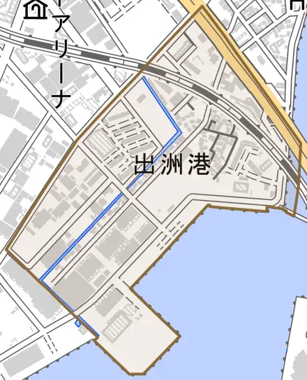 出洲港とその周辺の地図。町の範囲を重ねている