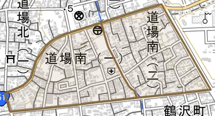 道場南とその周辺の地図。町の範囲を重ねている