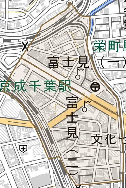 富士見とその周辺の地図。町の範囲を重ねている
