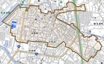 浜野町とその周辺の地図。町の範囲を重ねている