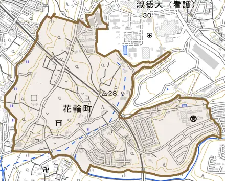 花輪町とその周辺の地図。町の範囲を重ねている