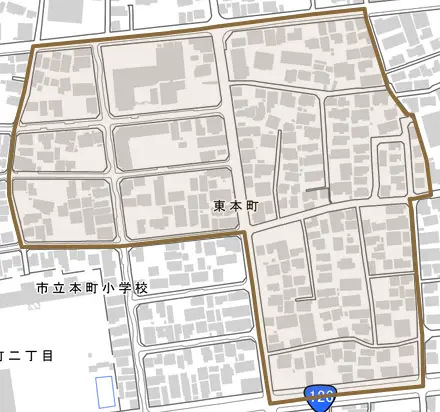 東本町とその周辺の地図。町の範囲を重ねている
