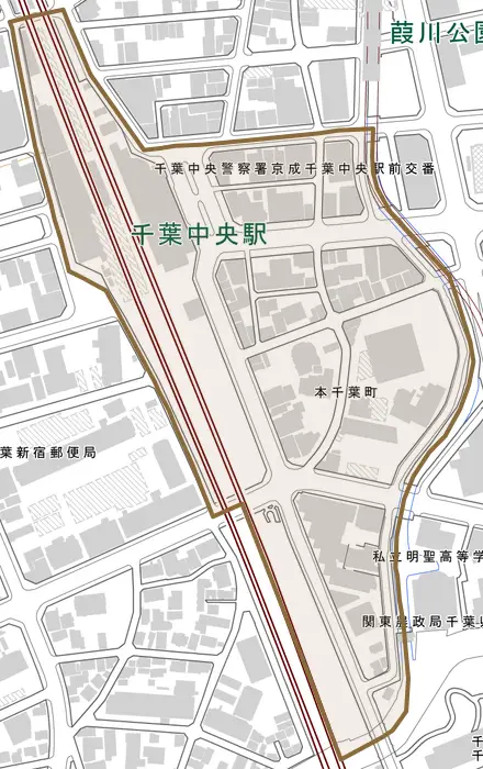 本千葉町とその周辺の地図。町の範囲を重ねている