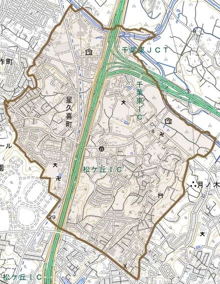 星久喜町とその周辺の地図。町の範囲を重ねている
