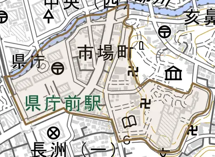 市場町とその周辺の地図。町の範囲を重ねている