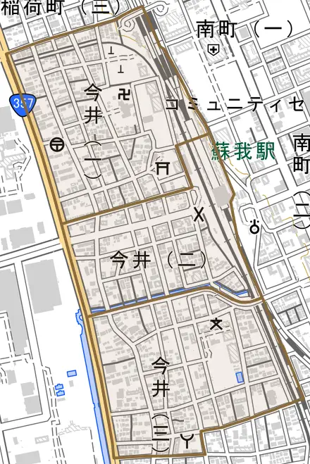 今井とその周辺の地図。町の範囲を重ねている