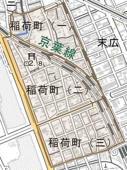 稲荷町とその周辺の地図。町の範囲を重ねている
