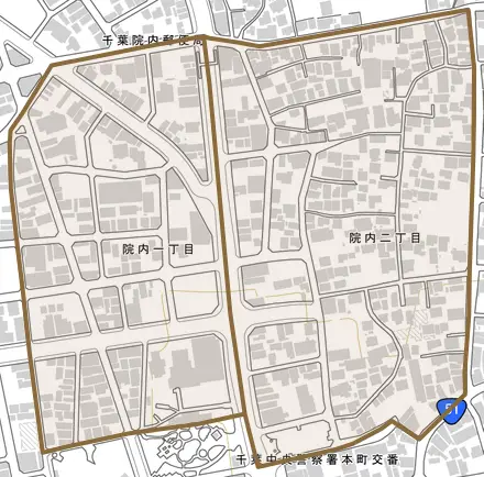院内とその周辺の地図。町の範囲を重ねている