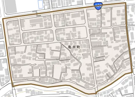 亀井町とその周辺の地図。町の範囲を重ねている