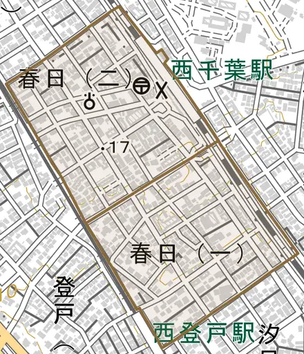 春日とその周辺の地図。町の範囲を重ねている