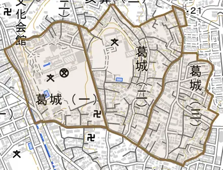葛城とその周辺の地図。町の範囲を重ねている