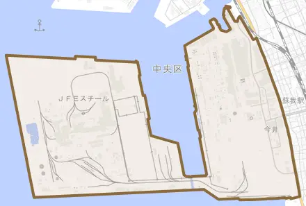 川崎町とその周辺の地図。町の範囲を重ねている