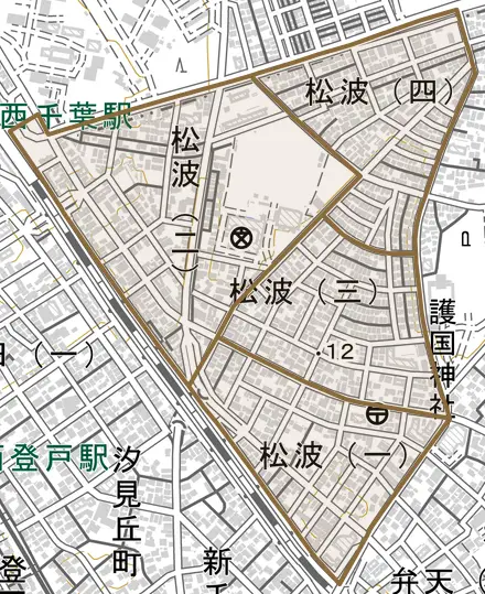 松波とその周辺の地図。町の範囲を重ねている