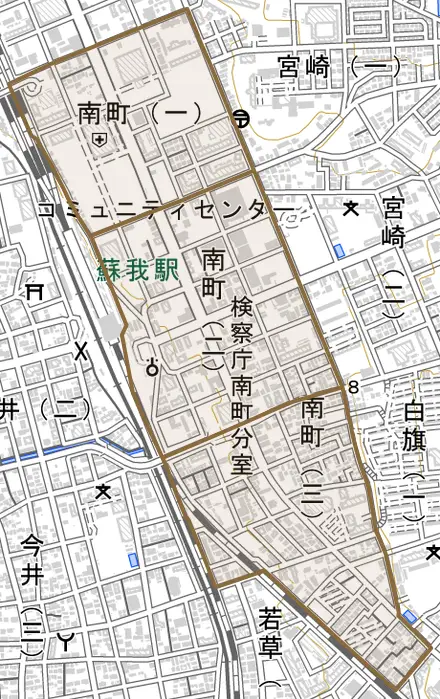 南町とその周辺の地図。町の範囲を重ねている