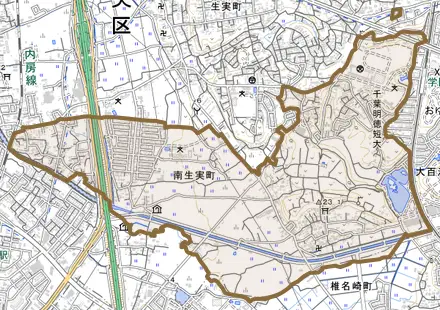 南生実町とその周辺の地図。町の範囲を重ねている