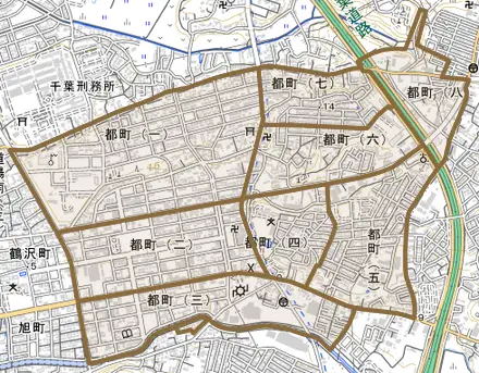 都町とその周辺の地図。町の範囲を重ねている