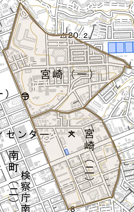 宮崎とその周辺の地図。町の範囲を重ねている