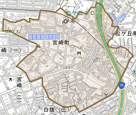 宮崎町とその周辺の地図。町の範囲を重ねている