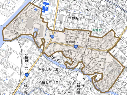 村田町とその周辺の地図。町の範囲を重ねている