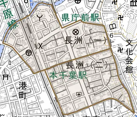 長洲とその周辺の地図。町の範囲を重ねている