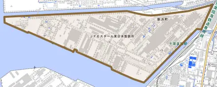 新浜町とその周辺の地図。町の範囲を重ねている