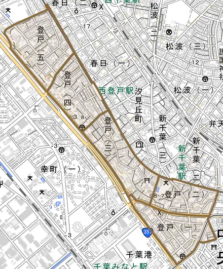 登戸とその周辺の地図。町の範囲を重ねている