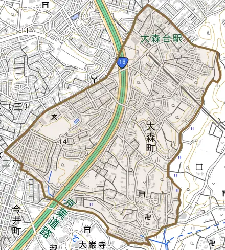 大森町とその周辺の地図。町の範囲を重ねている