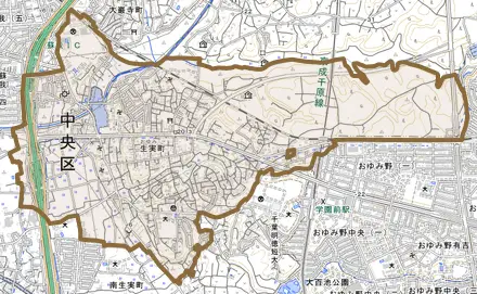 生実町とその周辺の地図。町の範囲を重ねている