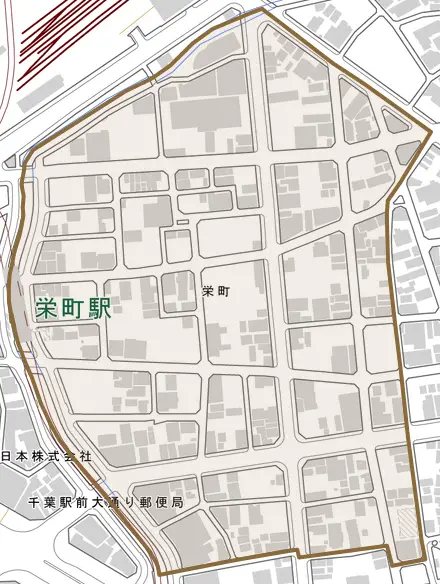 栄町とその周辺の地図。町の範囲を重ねている