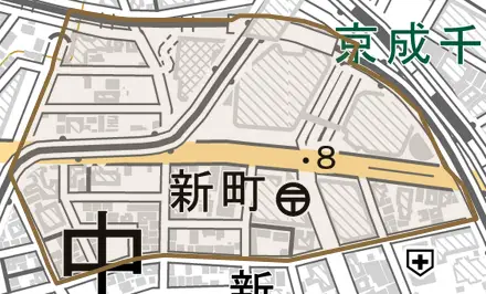 新町とその周辺の地図。町の範囲を重ねている