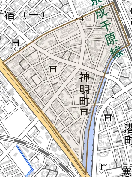 神明町とその周辺の地図。町の範囲を重ねている