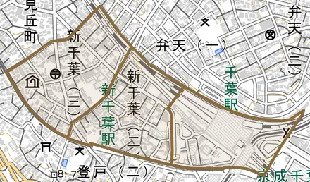 新千葉とその周辺の地図。町の範囲を重ねている