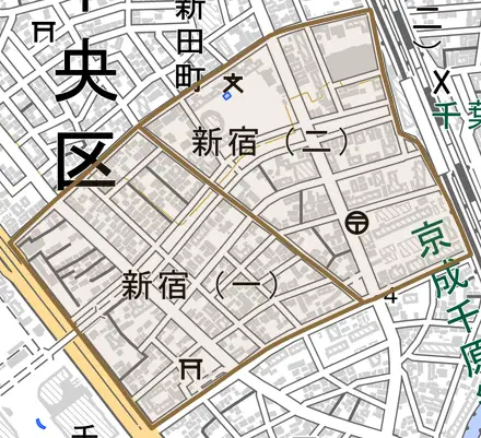 新宿とその周辺の地図。町の範囲を重ねている