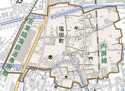 塩田町とその周辺の地図。町の範囲を重ねている