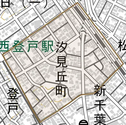 汐見丘町とその周辺の地図。町の範囲を重ねている