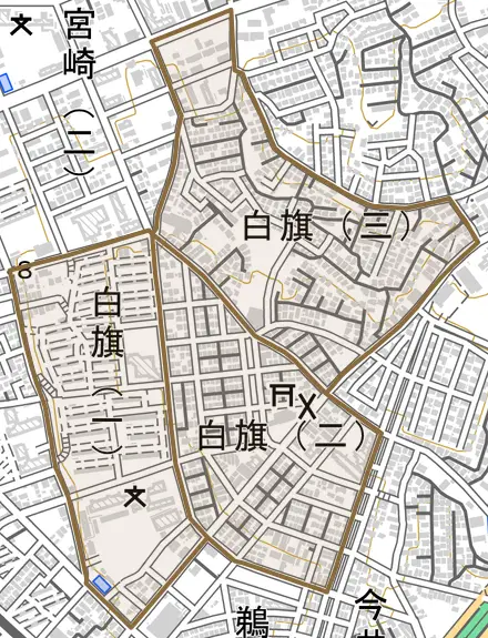 白旗とその周辺の地図。町の範囲を重ねている