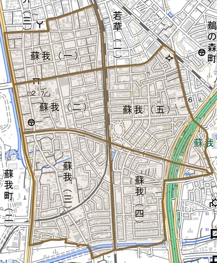 蘇我とその周辺の地図。町の範囲を重ねている