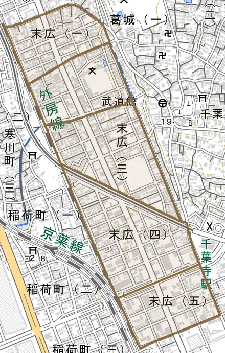 末広とその周辺の地図。町の範囲を重ねている