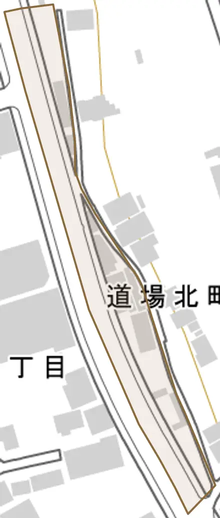 道場北町とその周辺の地図。町の範囲を重ねている