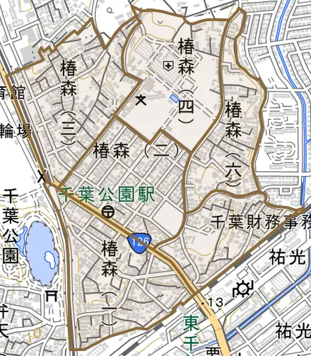 椿森とその周辺の地図。町の範囲を重ねている