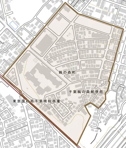 鵜の森町とその周辺の地図。町の範囲を重ねている