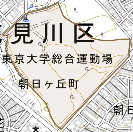 朝日ケ丘町とその周辺の地図。町の範囲を重ねている
