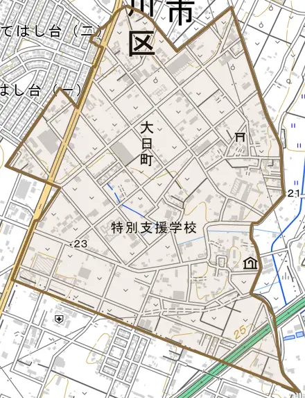 大日町とその周辺の地図。町の範囲を重ねている