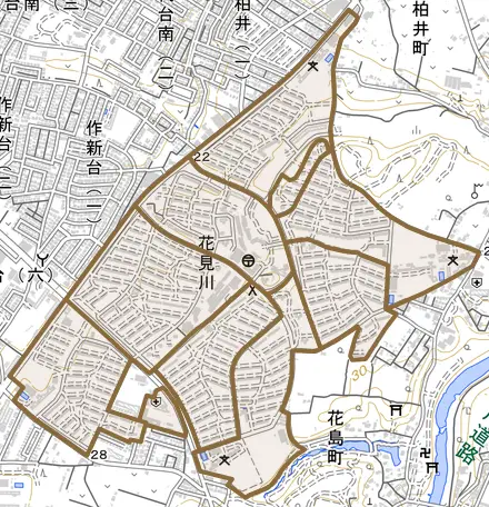 花見川とその周辺の地図。町の範囲を重ねている