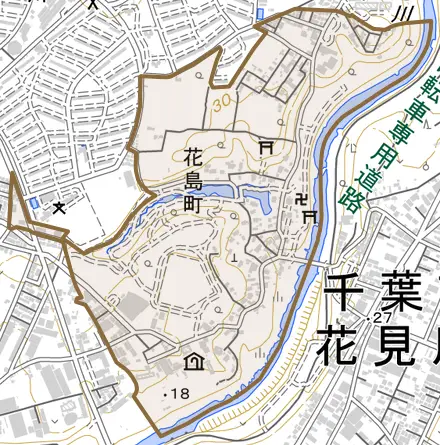 花島町とその周辺の地図。町の範囲を重ねている