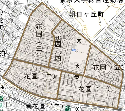 花園とその周辺の地図。町の範囲を重ねている