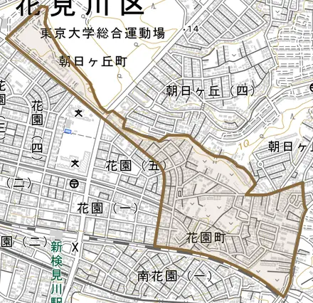 花園町とその周辺の地図。町の範囲を重ねている