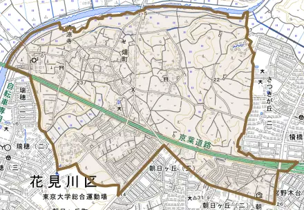 畑町とその周辺の地図。町の範囲を重ねている
