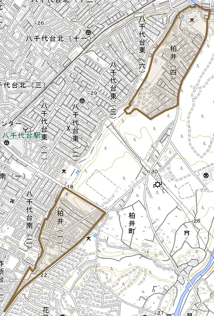 柏井とその周辺の地図。町の範囲を重ねている