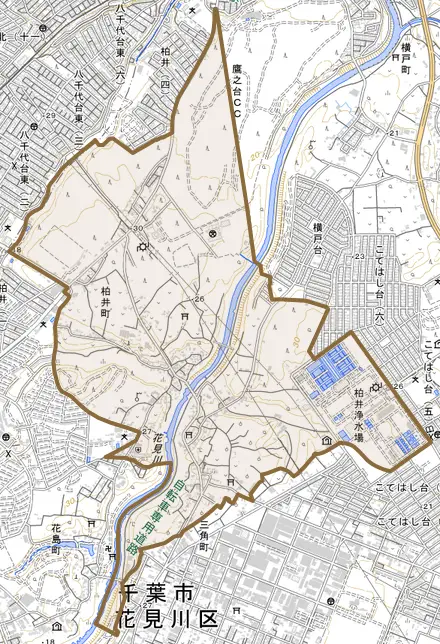 柏井町とその周辺の地図。町の範囲を重ねている